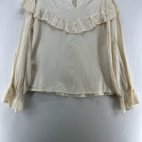 THML Blouse M Embroidered Ruffle Top Peasant Flounce Sleeve Cotton Cream - Picture 6 of 11